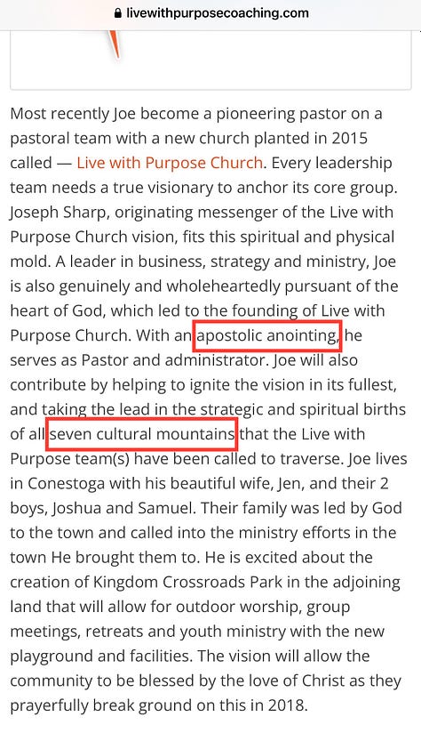 Collection of screen captures illustrating the use of seven mountain mandate language used by Live With Purpose Church, Live With Purpose Coaching and Joseph Sharp who founded both.