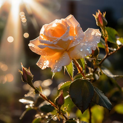 Photo of a woman, teddy bear, and rose, sunbeams