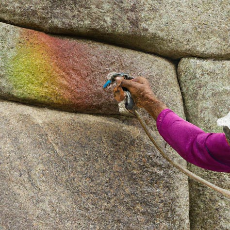 Hands cleaning oil paint off of stone walls