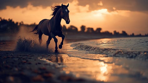 A horse galloping on the beach, as if captured on a manipulated instant film Polaroid, with peeling emulsion and a surreal sense of motion.