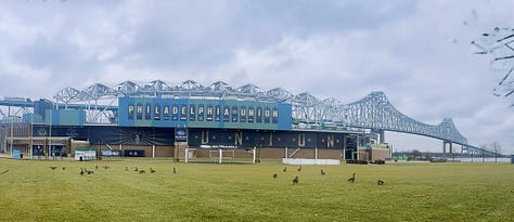 Carousel of images showing downtown Chester in the 1930s, Chester today, the soccer stadium development, and electric treatment plant.