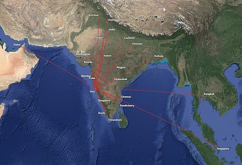 Gallery of route maps for the following Patel Air hub airports: 1) Bangalore-BLR (HQ City); 2) Ahmedabad-AMD; 3) Delhi-DEL; 4) Kolkata-CCU; 5) Hyderabad-HYD; 6) Mumbai-BOM; 7) Chennai-MAA; 8) Goi-GOI; and 9) Nagpur-NAG. (Map links also available in Destinations list following.)