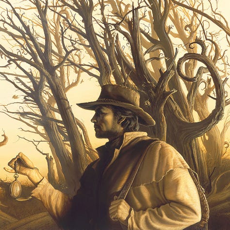 LEFT: Detail featuring Roland Deschain in leather duster and cowboy hat standing in front of barren trees with branches curling in the shape of the number 9. CENTER: Close detail featuring Roland Deschain resembling Clint Eastwood. He wears leather duster and handstitched cowboy hat. With his left hand, he holds the strap of bag slung over his shoulder. RIGHT: Close detail featuring a hand holding out a pocket watch. The index and middle finger are missing, so the chain is pinched between thumb and ring finger. The little hand points down while the big hand points straight up. The second hand approaches six. Several birds soar in various states of flapping wings through the background past barren trees