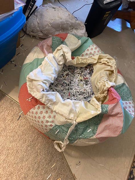 a series of six photos showing the progress of the 30 inch ottoman pouf including a shot of the thread wrapped around the bobbin holder of the sewing machine