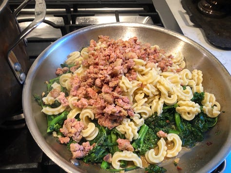 A three-photo gallery of the finishing process 1: The cooked pasta, sausage, and rapini in the skillet 2: A ladle of pasta water being added to the skillet 3: The grated cheese being added to the skillet