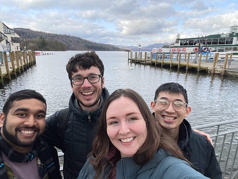 group of friends on train, in front of lake, and at football stadium