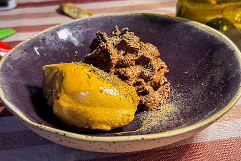 Hazelnut cake with zabaglione; hazelnut and dark chocolate creams with dried capers; panna cotta; Vergano Mauro Chinato; Marco de Barolo Vecchio Samperi Marsala