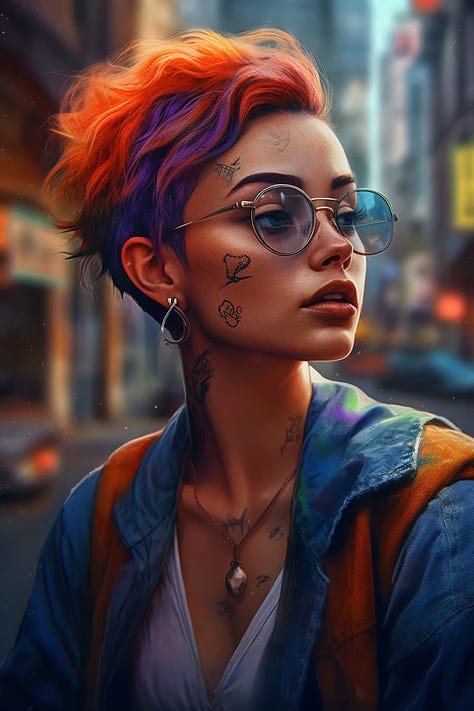a tattooed girl in colored clothing with sunglasses in the style of 2d game art comic illustration, hyperrealistic, cityscape, luminescent color scheme, anime aesthetic, highly detailed, sharp & vivid colors, intense gaze, daytime urban background
