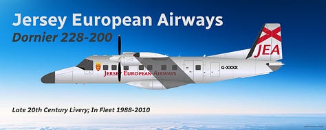 A selection of aircraft from the historic Jersey European fleet: 1) Douglas DC-3, 2) Vickers Viscount, 3) Britten-Norman BN-2B Islander, 4) Fokker F27, 5) Fokker 50, 6) Dornier 228, 7) ATR 42, 8) Avro RJ85, and 9) Viking DHC-6-400 Twin Otter - all shown in side view.