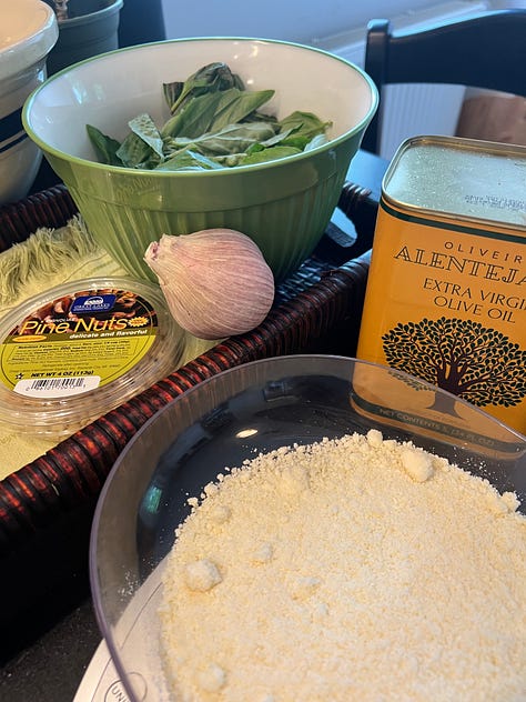 Ingredients for pesto, then pictured pesto with beans