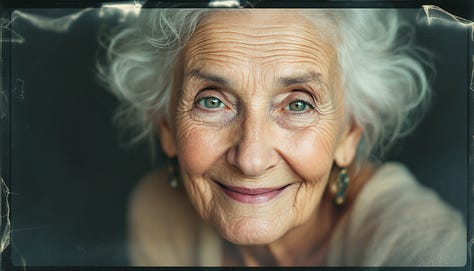 Portrait of an elderly woman with a warm smile, captured in a Polaroid emulsion lift style, highlighting handcrafted textures and muted pastel tones.