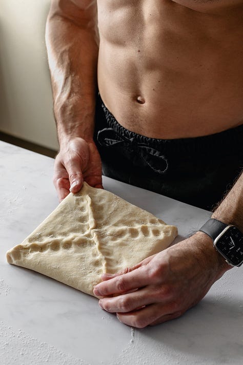 Sequence of photos showing shirtless man making vegan puff pastry dough