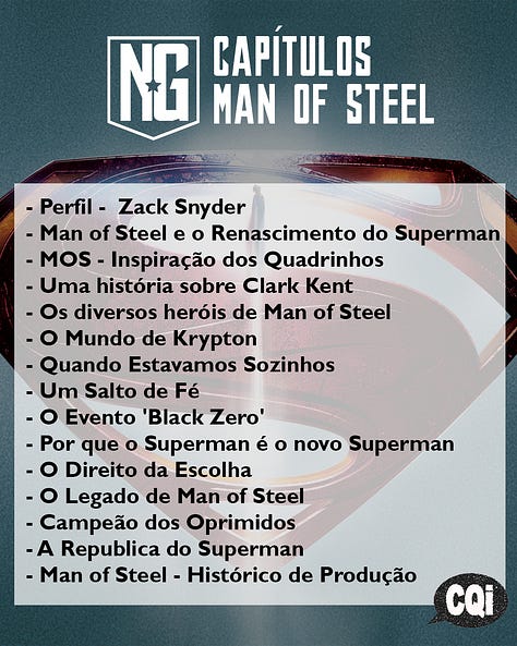 Lista de capítulos do livro NOVA GENESIS de Diogo Oliveira, da Editora CQI, livro nacional sobre o Snyderverse e o DCEU.