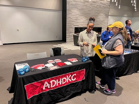 an image of a stage, two images of the ADHDKC table with promotional items and a woman talking to two different groups of people