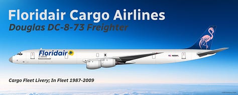 A selection of historic Floridair passenger aircraft: 1) Douglas DC-8-53CF; 2) Douglas DC-8-73CF; 3) Boeing 707-320CF; 4) Boeing 727-200CF; 5) Boeing 757-200BCF; and 6) Boeing 767-300BCF - all shown in side view.