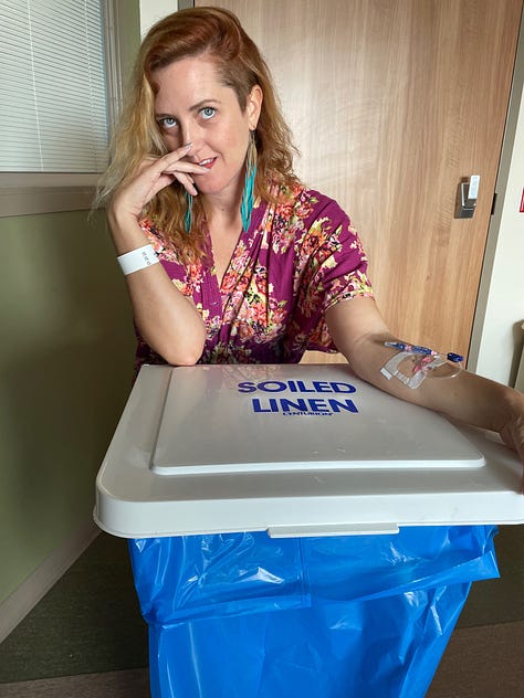Becky, dressed in a gauzy floral nightgown, poses suggestively in her hospital room, appearing to strip dance around the IV pole, sip seductively from her plastic hospital jug, and pose suggestively with the "soiled linens" bin.