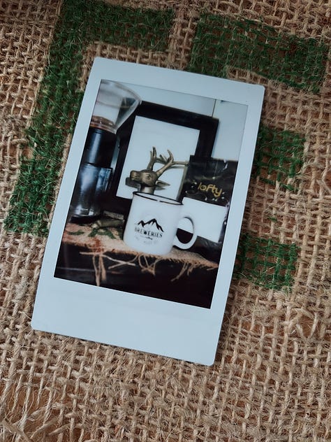 Instant photographs of coffee mugs.