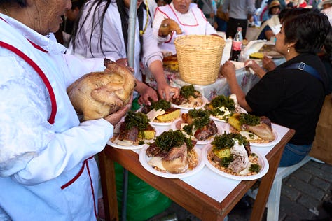 Six images showing scenes from San Francisco Plaza on Corpus Christi where vendors offering large heaps of Chiriuchu.