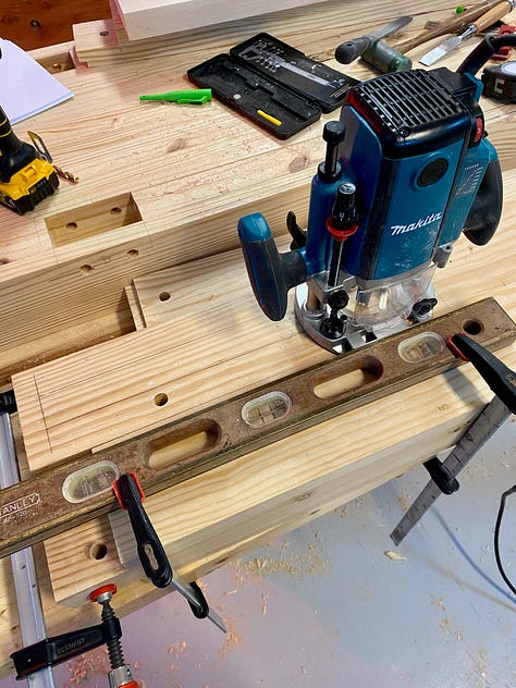 An image of vice installation instructions followed by the process of cutting a mortise and drilling some holes.