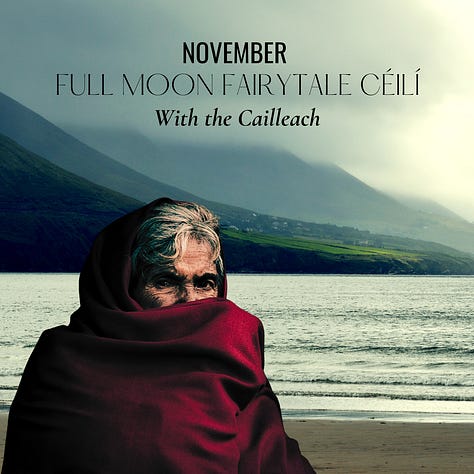 Three promotional images for Full Moon Fairytale Céilí events: October featuring swans in Newgrange, November showing the Cailleach by the sea, and December displaying a selkie figure on green cliffs.