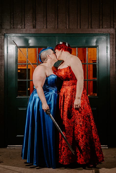 Three poctures of Doc impossible and B--, her wife. B-- wears a blue corset with an overskirt, and Doc is in a floor-length red zilk brocade strapless dress.