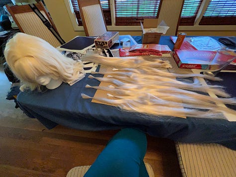 Home craft project of a Yeoman Rand cosplay wig