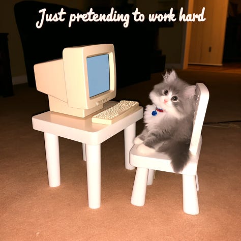 Three different and distinct images of cats at a desk, in varying states of cat-ness. Two of the memes have text ('Just Pretending to Work Hard') while the third does not.  The original source image actually said 'I have no idea what I'm doing' so... 