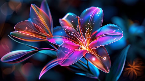 holographic and glowing flowers with cinematic lighting