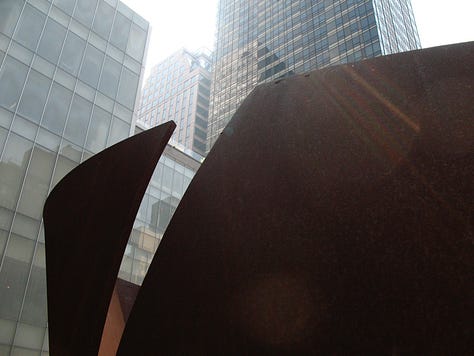 six images of Richard Serra's sculptures in the sculpture garden at the Museum of Modern Art in New York City, 2007