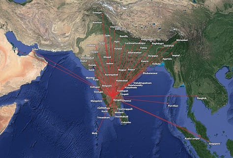 Gallery of route maps for the following Patel Air hub airports: 1) Bangalore-BLR (HQ City); 2) Ahmedabad-AMD; 3) Delhi-DEL; 4) Kolkata-CCU; 5) Hyderabad-HYD; 6) Mumbai-BOM; 7) Chennai-MAA; 8) Goi-GOI; and 9) Nagpur-NAG. (Map links also available in Destinations list following.)