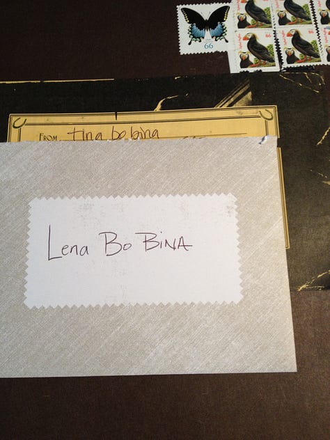 tina gill and lena piskorowski posing together with big smiles inside a boho boutique and a hotel room, various cards handwritten by tina to lena