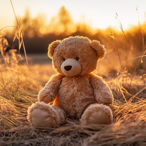 Photo of a woman, teddy bear, and rose, golden hour