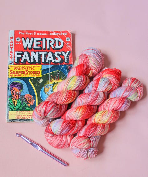 A series of images of colourful yarn with a surrealist, sci fi, and vintage aesthetic. 