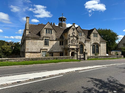 The Corsham Almshouses, gates to Corsham Court, the Methuen Coat of Arms and the war memorial.  Images: Roland's Travels