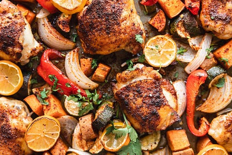 Kale Caesar with shrimp, carrot cake cupcakes, and harissa chicken with roasted vegetables.