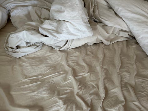 6 images of same bed different mornings after tossing the sheets and getting up