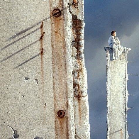 LEFT: Detail from EMPIRE OF DREAMS featuring a view through the slanting wreckage of concrete towers. On top of a broken column, a woman seated at the top of a broken concrete column hugs her knees as she faces the sun. CENTER: A closer detail from EMPIRE OF DREAMS featuring a woman hugging her knees at the top of a broken concrete column. Rusted rebar protrudes from the facade behind her casting long shadows on the stone. RIGHT: Close detail from EMPIRE OF DREAMS featuring a key hanging looped over a short stub of rusted rebar. The block of concrete is partially covered with a sheet of white cloth.