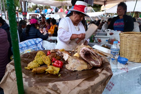 Six images showing scenes from San Francisco Plaza on Corpus Christi where vendors offering large heaps of Chiriuchu.