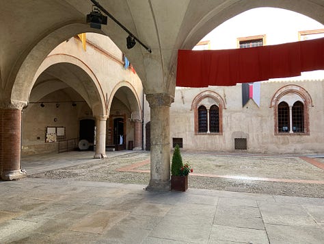 Main entrance, court, secure, throne aula, view from the tour, patrol walk of the castle of Fossano