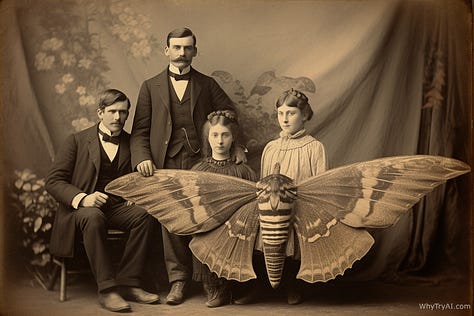 Groot, Mothra, and Robot as Victorian family pets