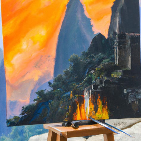 Landscape paintings of Machu Picchu on fire being painted on an easel on Machu Picchu 