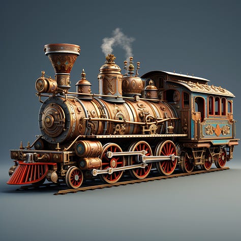 3D renderings by Midjourney of a warrior, koala, and locomotive