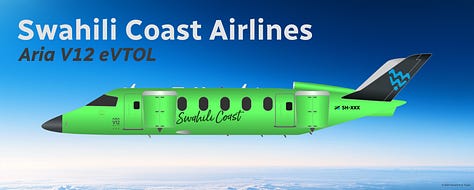 The current Swahili Coast Airlines fleet: 1) Aria T42 Transonic, 2) Aria V12 VTOL, 3) Aria V42 VTOL, 4) Aria V42qc VTOL QC Combi, 5) ATR 42-600, and 6) Bombardier CRJ700 - all in current livery and shown in side view.