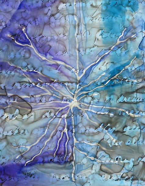 brain and neuron paintings in purple and blue ink, with text 