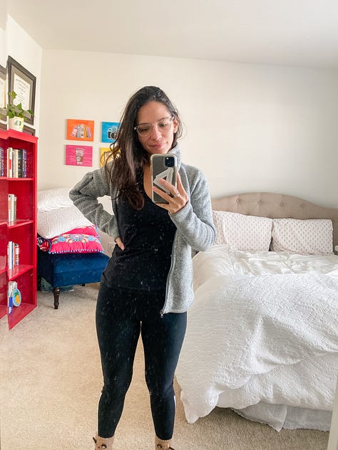 Selfie photo of woman with her apartment in the background; photo from a coach of a desk and window, mirror selfie of a woman in sweats, mirror selfie of a woman in sweats, photo of a Zoom Thanksgiving party, selfie of woman in winter clothes, selfie photo of woman in snowy landscape, photo of icicles from a car rearview window, mirror selfie photo of a woman in winter clothes