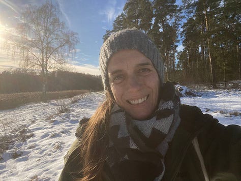 Kath and her birch tree friend on a clear winter's day