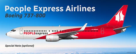 The current People Express Airlines fleet: 1) Boeing 737 MAX 8, and 2) Boeing 737-800, 3) Boeing 737-700.