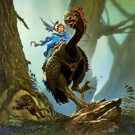 LEFT: Detail from PURSUIT featuring a red-haired man riding mounted on an ostrich-like bird. His bright blue jacket stands out against the thick trees of the forest. He grips the reins with one hand while a winged serpent coils around the other and around his shoulders. CENTER: Detailed pencil study for PURSUIT featuring the ostrich-like bird in the cover pose. One taloned foot lifts off the ground and neck cranes sinuously. RIGHT: Tonal alternative preliminary concept for PURSUIT featuring a man dressed in black in an alley bearing a knife in one hand while a winged serpent coils around his arms and poses in profile just behind the man’s head.