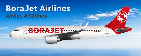 The current BoraJet fleet: 1) Airbus A321LR, 2) Airbus A320neo, 3) Aria T102 Transonic, 4) Airbus A321-200, 5) Airbus A320-200.