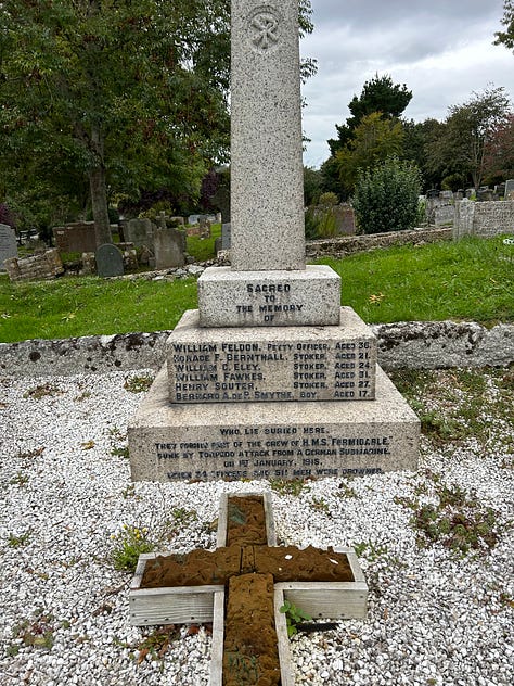 Memorial - 3 photos in Lyme Regis to the crew of HMS Formidable 1915. Six members are buried here. Images: Roland's Travels